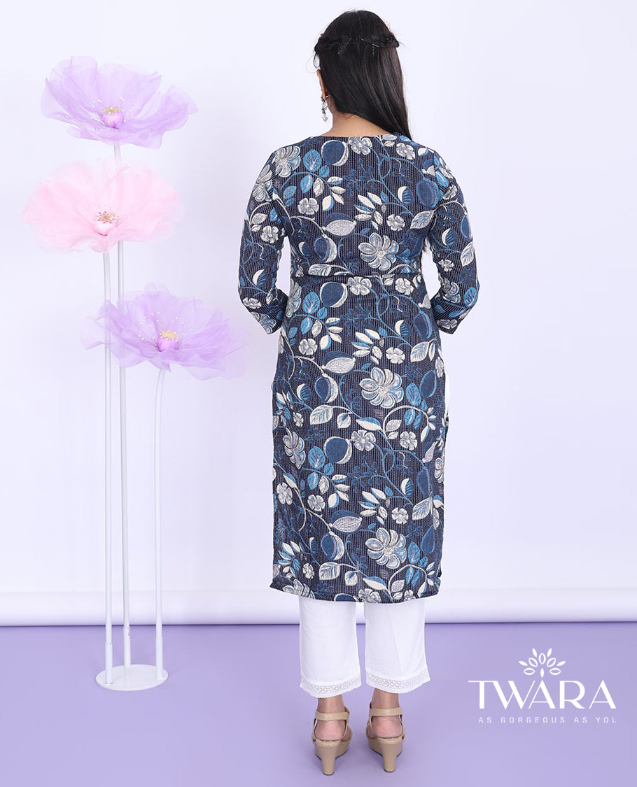 Blue floral vine printed round neck with 3/4th sleeve cotton straight-cut below-knee kurti