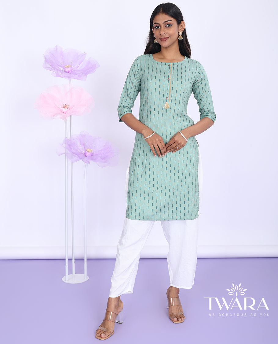 Twara green striped round neck with 3/4th sleeve cotton straight-cut knee-length kurti