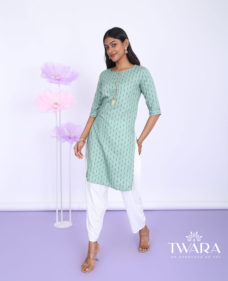 Twara green striped round neck with 3/4th sleeve cotton straight-cut knee-length kurti