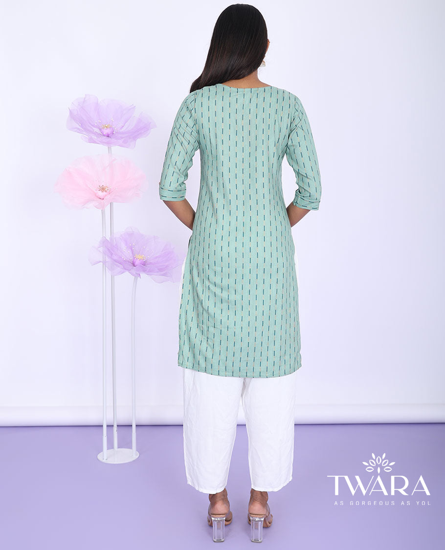 Twara green striped round neck with 3/4th sleeve cotton straight-cut knee-length kurti