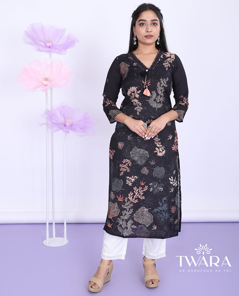 Twara black floral vine printed v-neck with 3/4th sleeve muslin straight-cut below-knee kurti