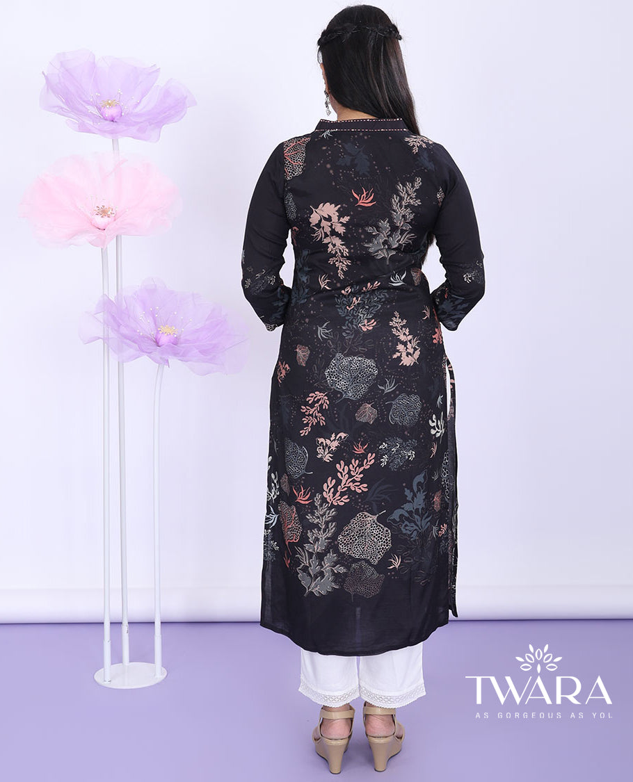 Twara black floral vine printed v-neck with 3/4th sleeve muslin straight-cut below-knee kurti