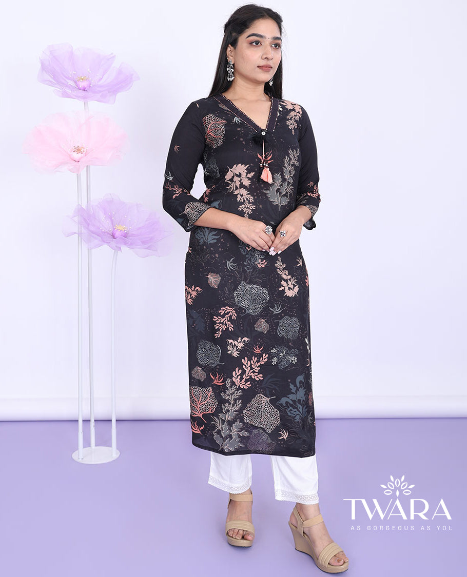 Twara black floral vine printed v-neck with 3/4th sleeve muslin straight-cut below-knee kurti