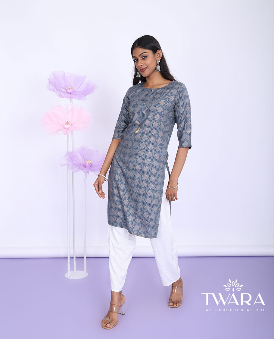 Twara grey argyle printed round neck with 3/4th sleeve rayon straight-cut knee-length kurti