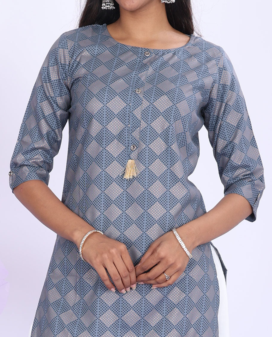 Twara grey argyle printed round neck with 3/4th sleeve rayon straight-cut knee-length kurti