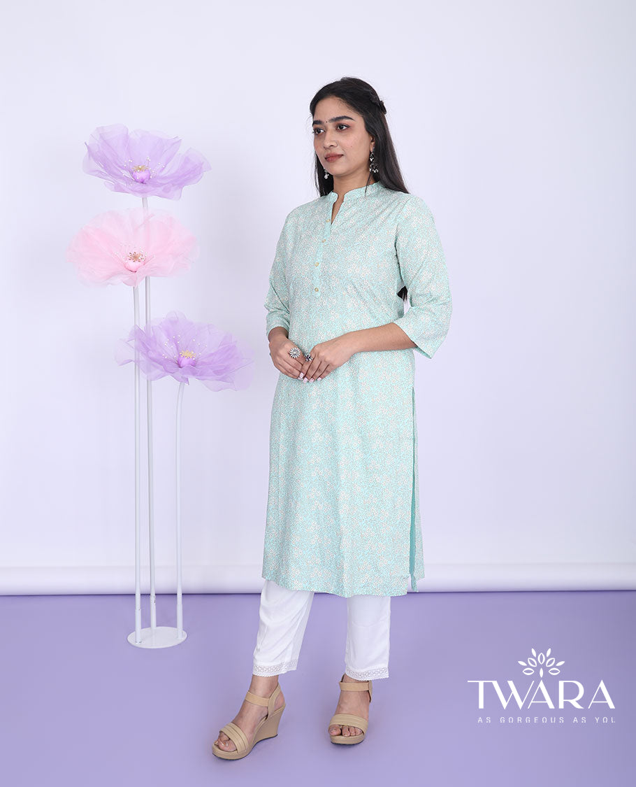 Twara Blue micro-floral printed Chinese collar with 3/4th sleeve rayon straight-cut below-knee kurti