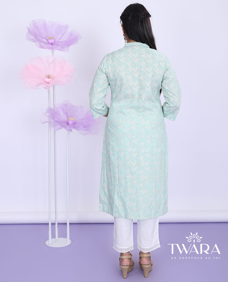 Twara Blue micro-floral printed Chinese collar with 3/4th sleeve rayon straight-cut below-knee kurti