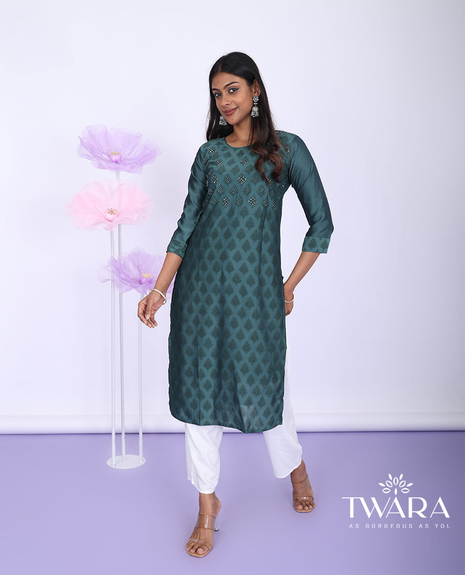 Twara green unique motifs print & embroidered round neck with 3/4th sleeve muslin straight-cut knee-length kurti