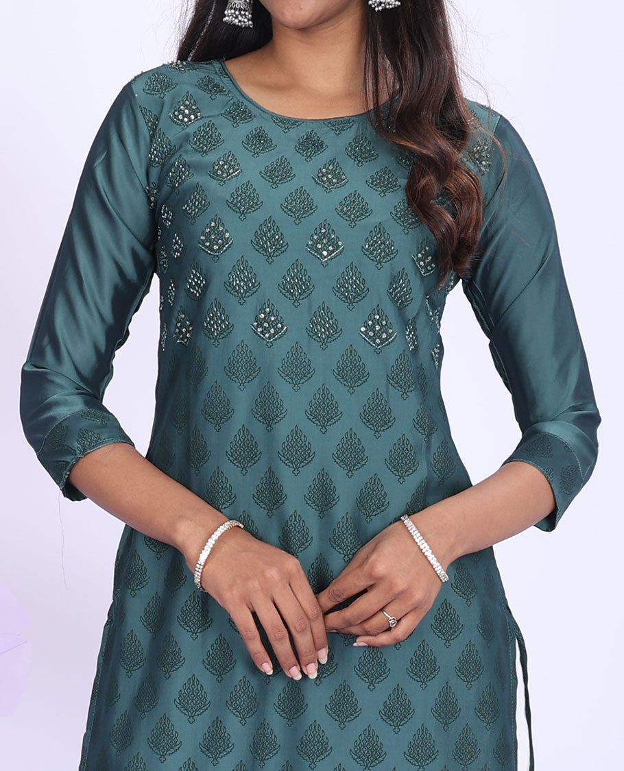 Twara green unique motifs print & embroidered round neck with 3/4th sleeve muslin straight-cut knee-length kurti