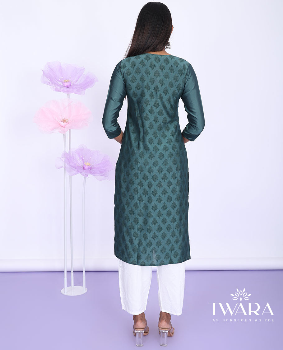 Twara green unique motifs print & embroidered round neck with 3/4th sleeve muslin straight-cut knee-length kurti