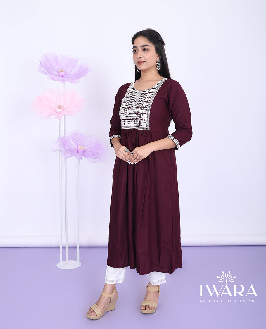 Twara maroon thread patch embroidered round neck with 3/4th sleeve rayon calf-length kurti