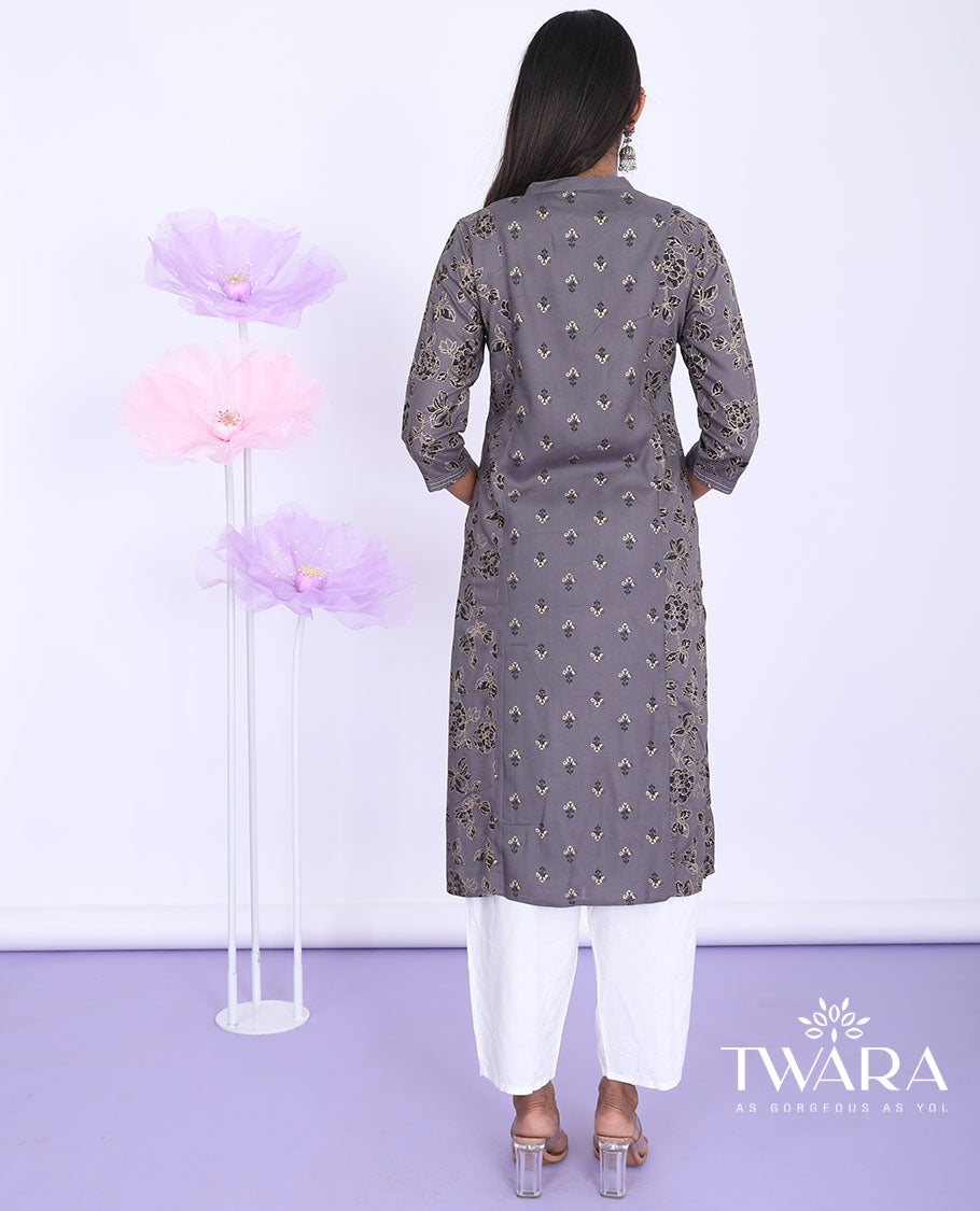 Twara grey floral print & glitter work thread Chinese collar with 3/4th sleeve straight-cut muslin knee-length kurti