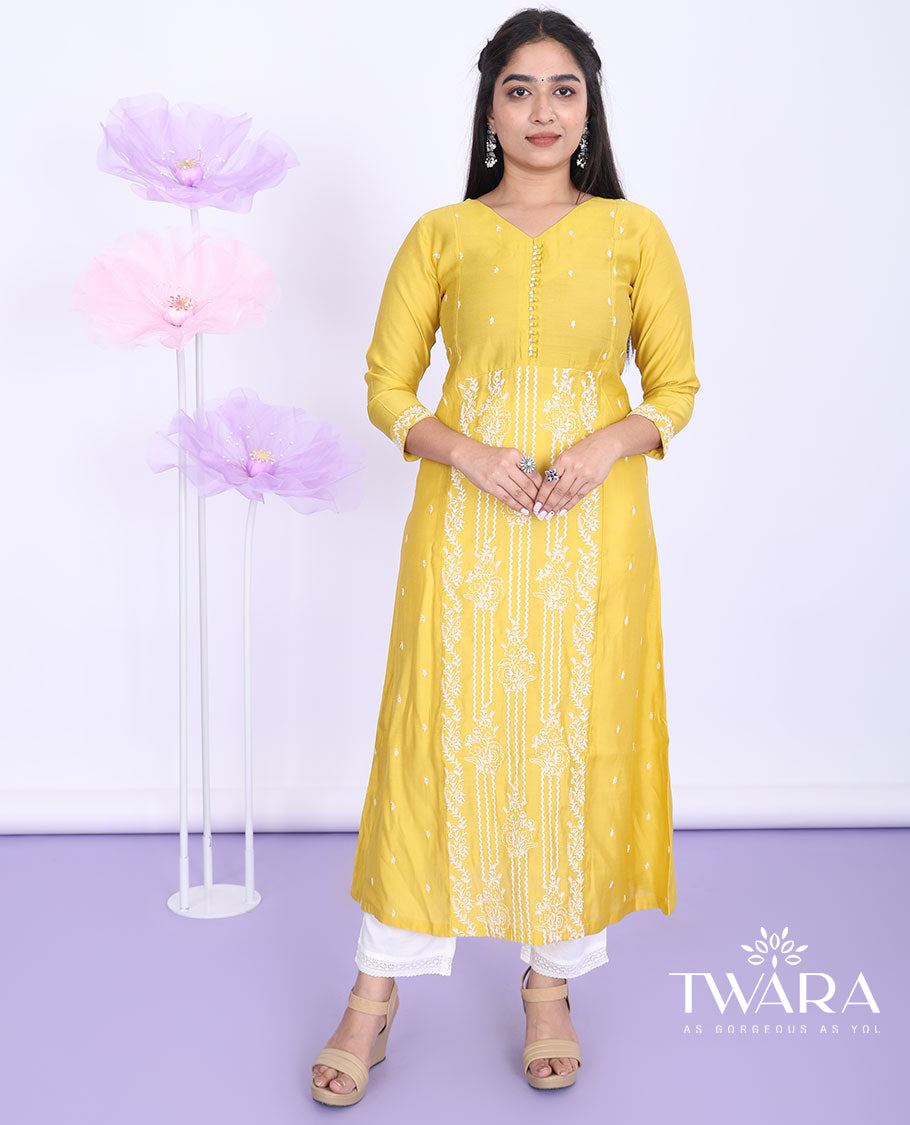Twara yellow floral designs thread embroidered round neck with 3/4th sleeve silk cotton a-line calf-length kurti