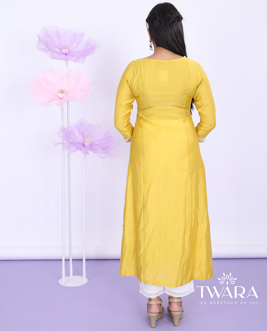 Twara yellow floral designs thread embroidered round neck with 3/4th sleeve silk cotton a-line calf-length kurti