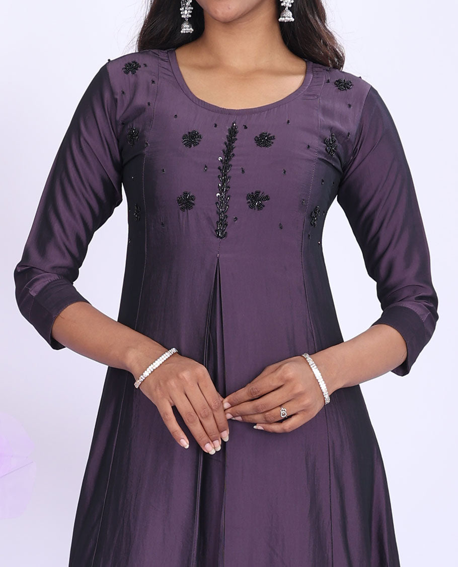 Twara purple embroidered round neck with 3/4th sleeve muslin a-line below-knee kurti