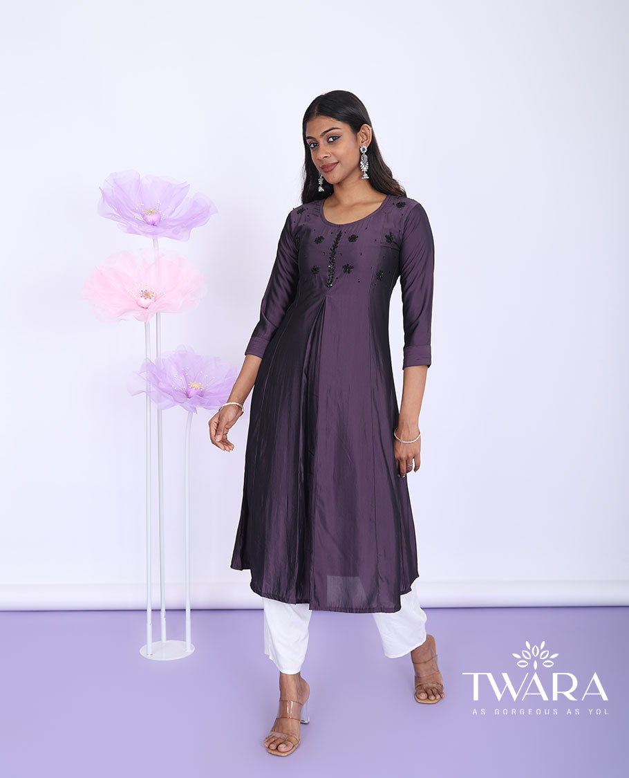 Twara purple embroidered round neck with 3/4th sleeve muslin a-line below-knee kurti