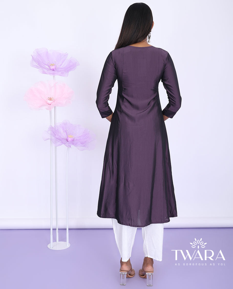 Twara purple embroidered round neck with 3/4th sleeve muslin a-line below-knee kurti