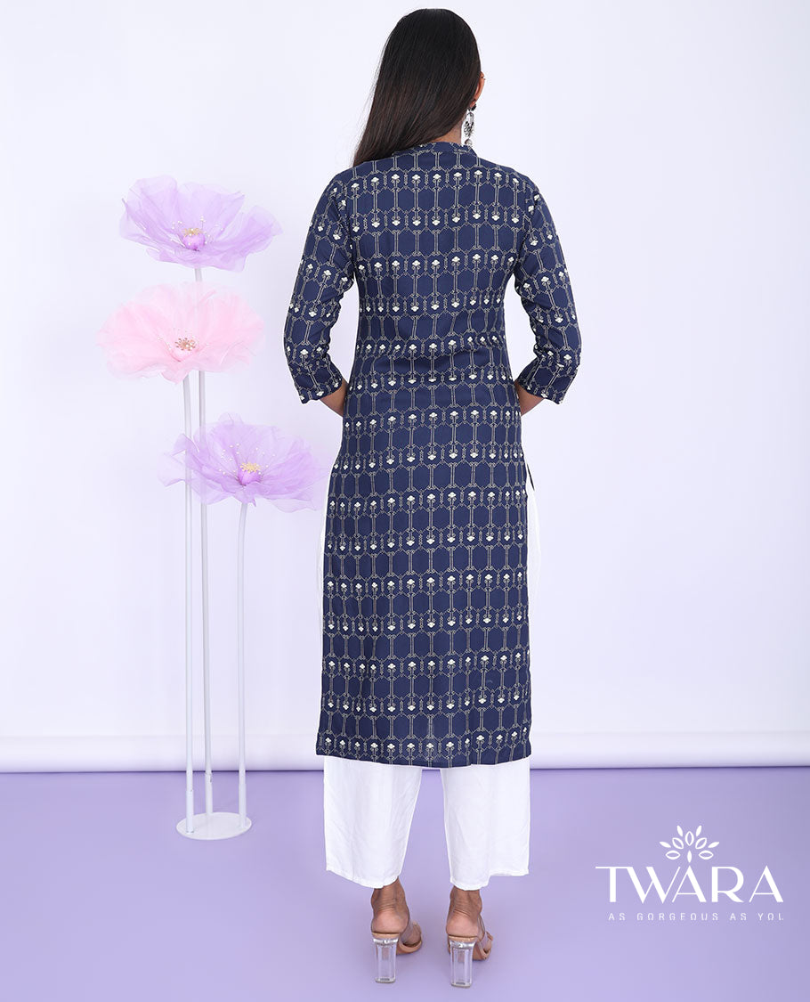Twara blue intricately printed Chinese collar with 3/4th sleeve rayon straight-cut below-knee kurti