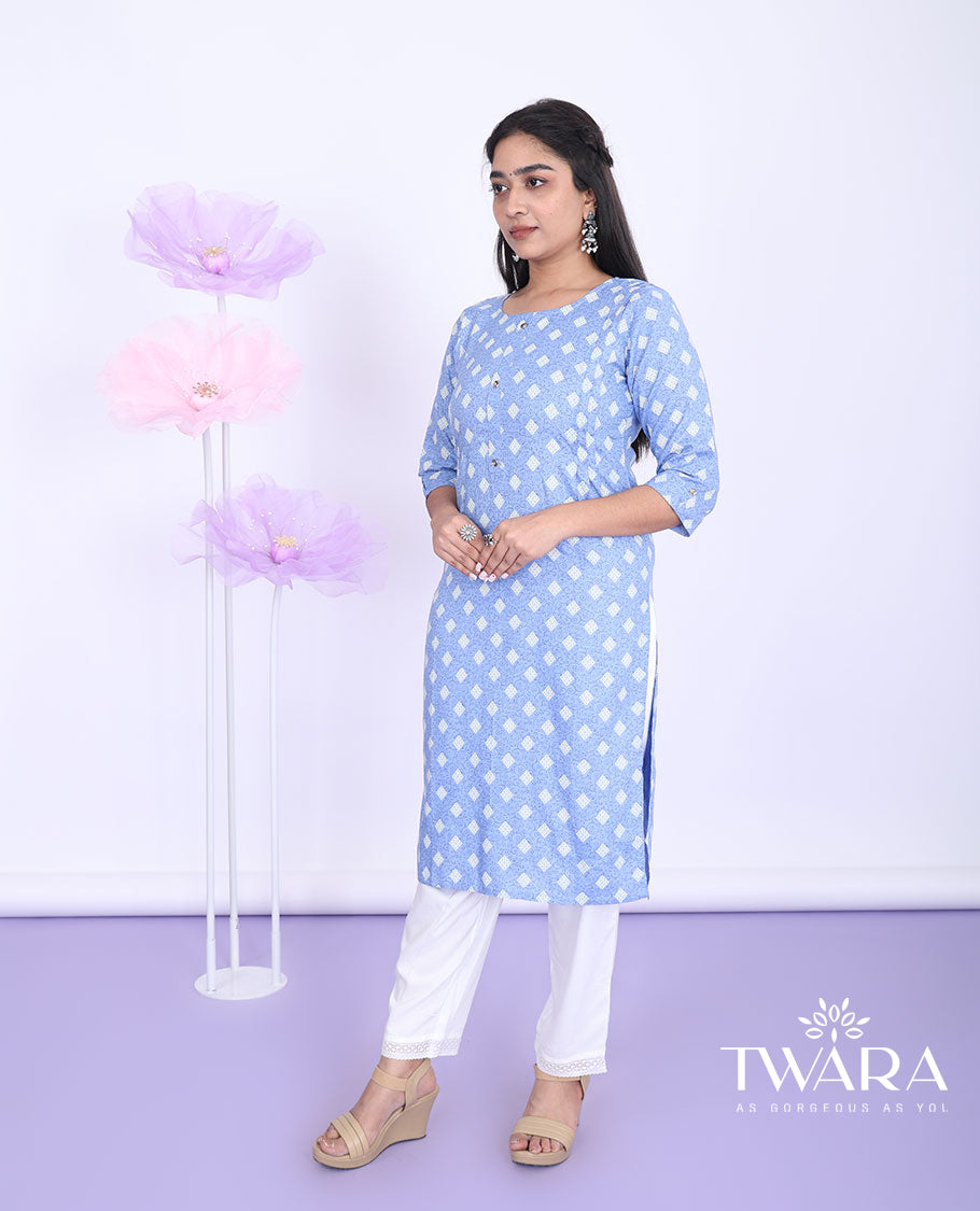 Twara blue intricately printed round neck with 3/4th sleeve rayon straight-cut below-knee kurti