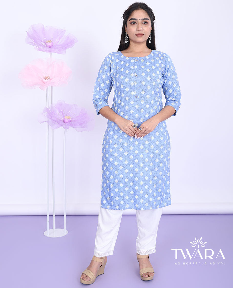 Twara blue intricately printed round neck with 3/4th sleeve rayon straight-cut below-knee kurti