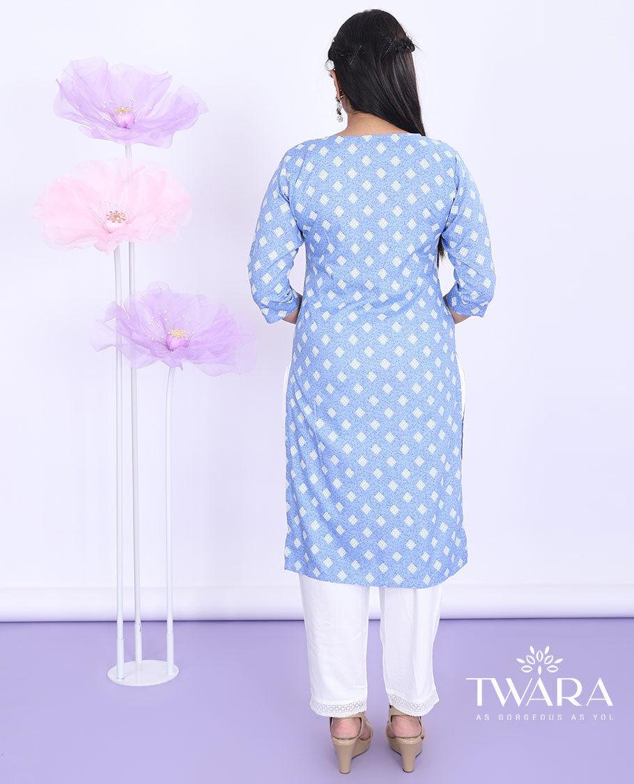 Twara blue intricately printed round neck with 3/4th sleeve rayon straight-cut below-knee kurti