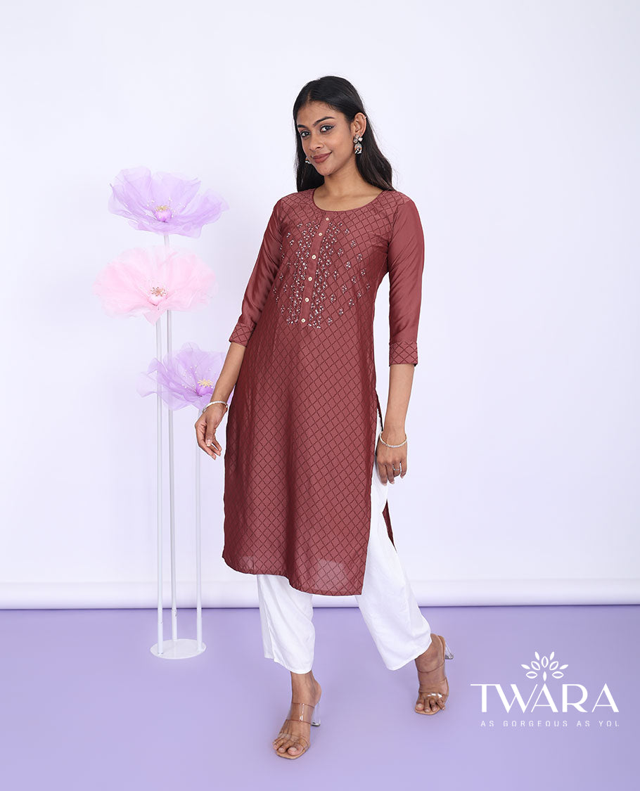 Twara brown ogee pattern with embroidered round neck with 3/4th sleeve muslin straight-cut below-knee kurti