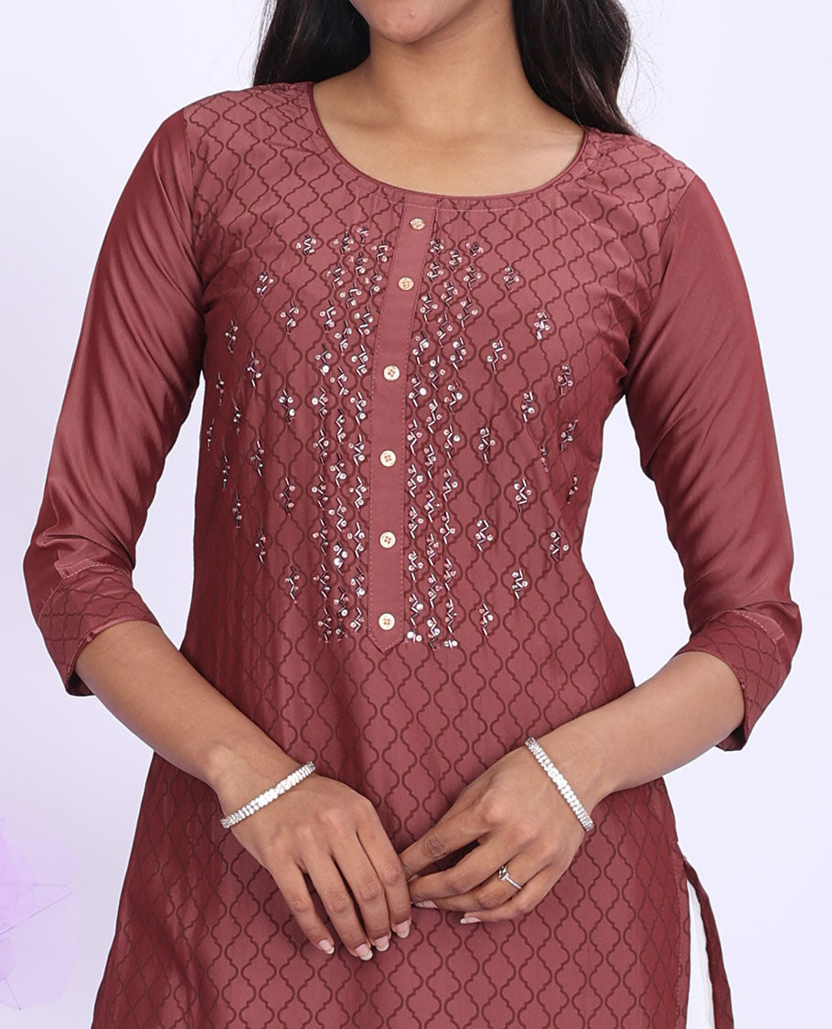 Twara brown ogee pattern with embroidered round neck with 3/4th sleeve muslin straight-cut below-knee kurti