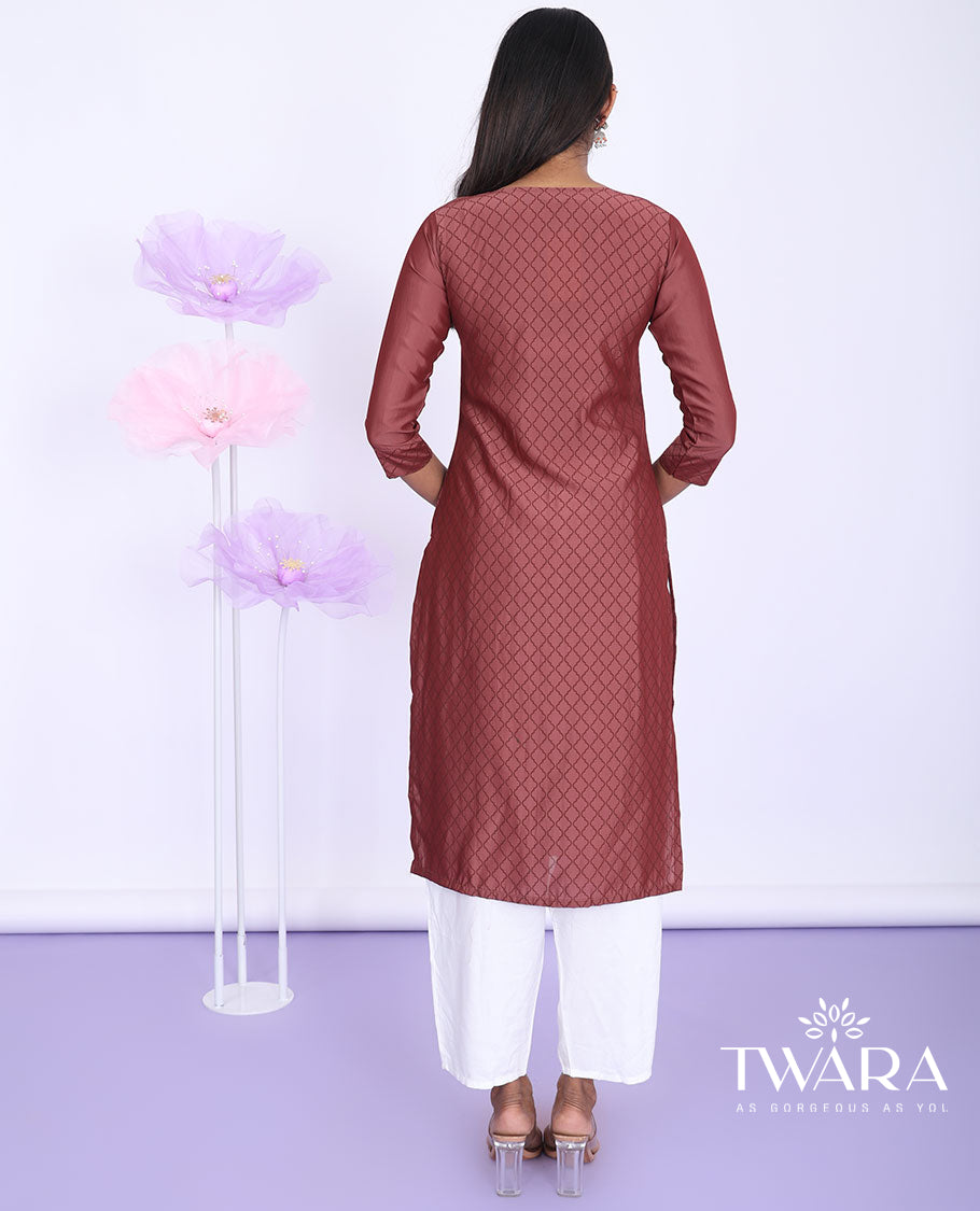 Twara brown ogee pattern with embroidered round neck with 3/4th sleeve muslin straight-cut below-knee kurti