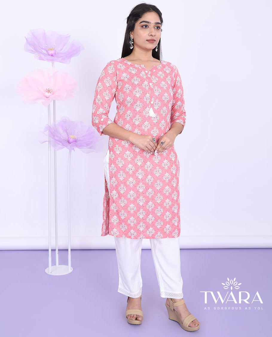 Twara pink intricately printed round neck with 3/4th sleeve rayon straight-cut below-knee kurti