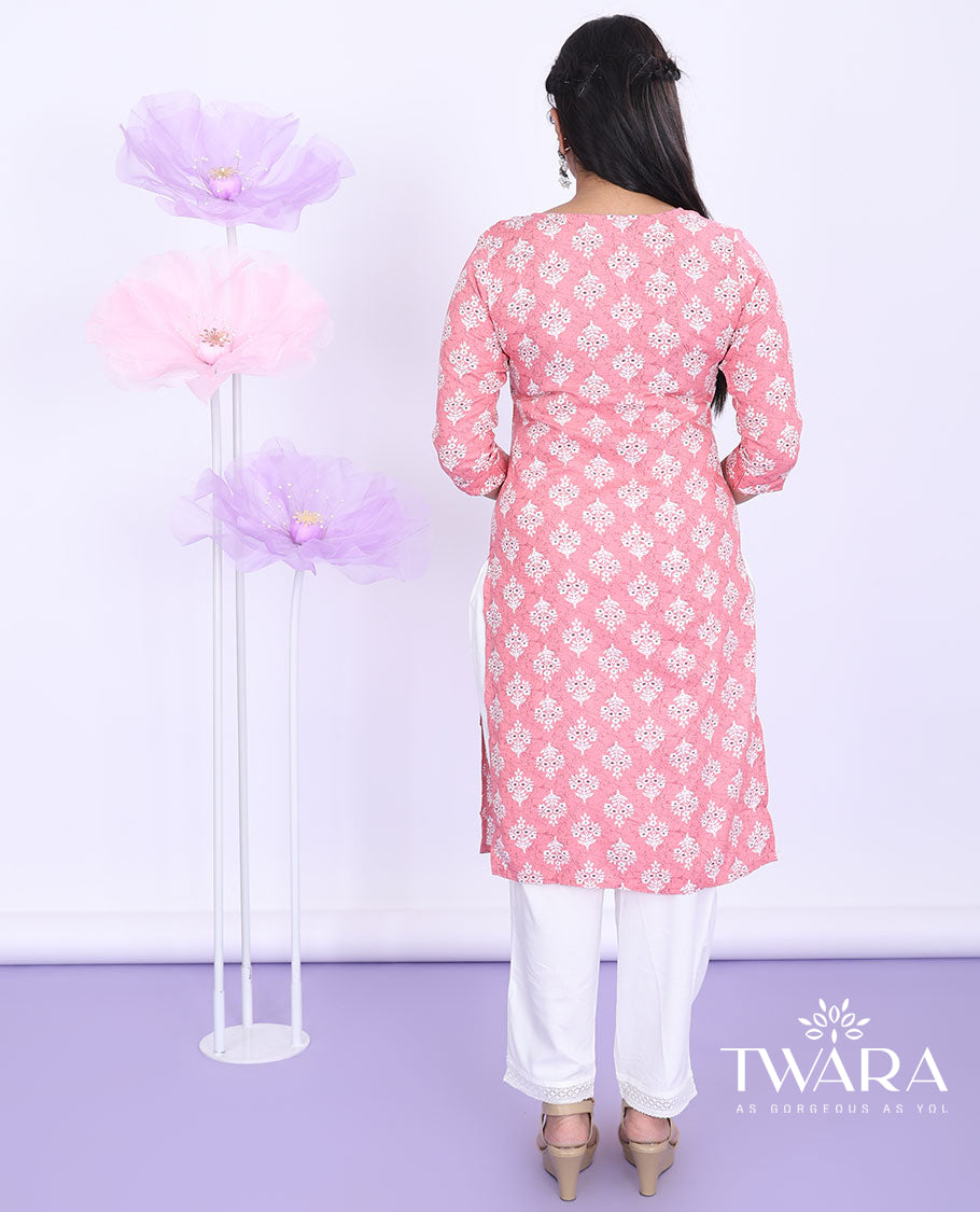 Twara pink intricately printed round neck with 3/4th sleeve rayon straight-cut below-knee kurti