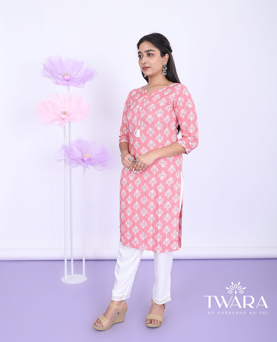 Twara pink intricately printed round neck with 3/4th sleeve rayon straight-cut below-knee kurti