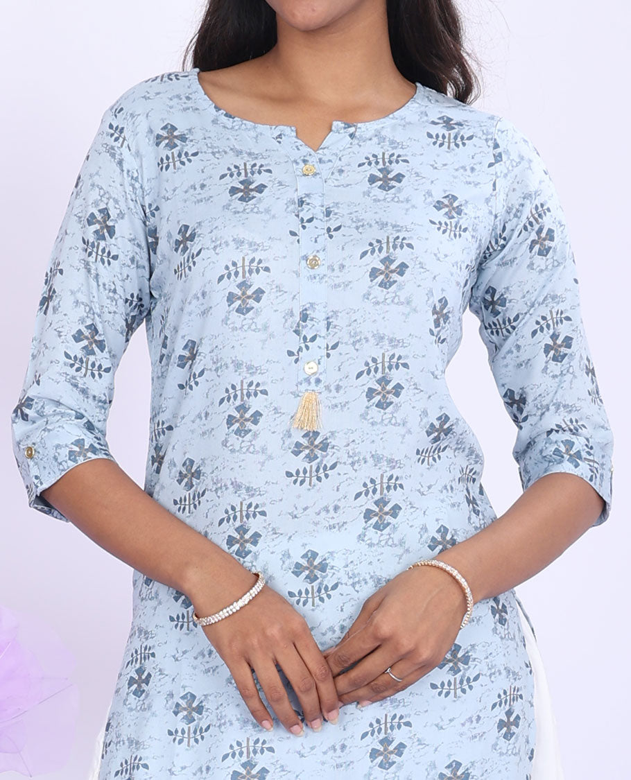 Twara blue intricately printed round neck with 3/4th sleeve rayon straight-cut knee-length kurti
