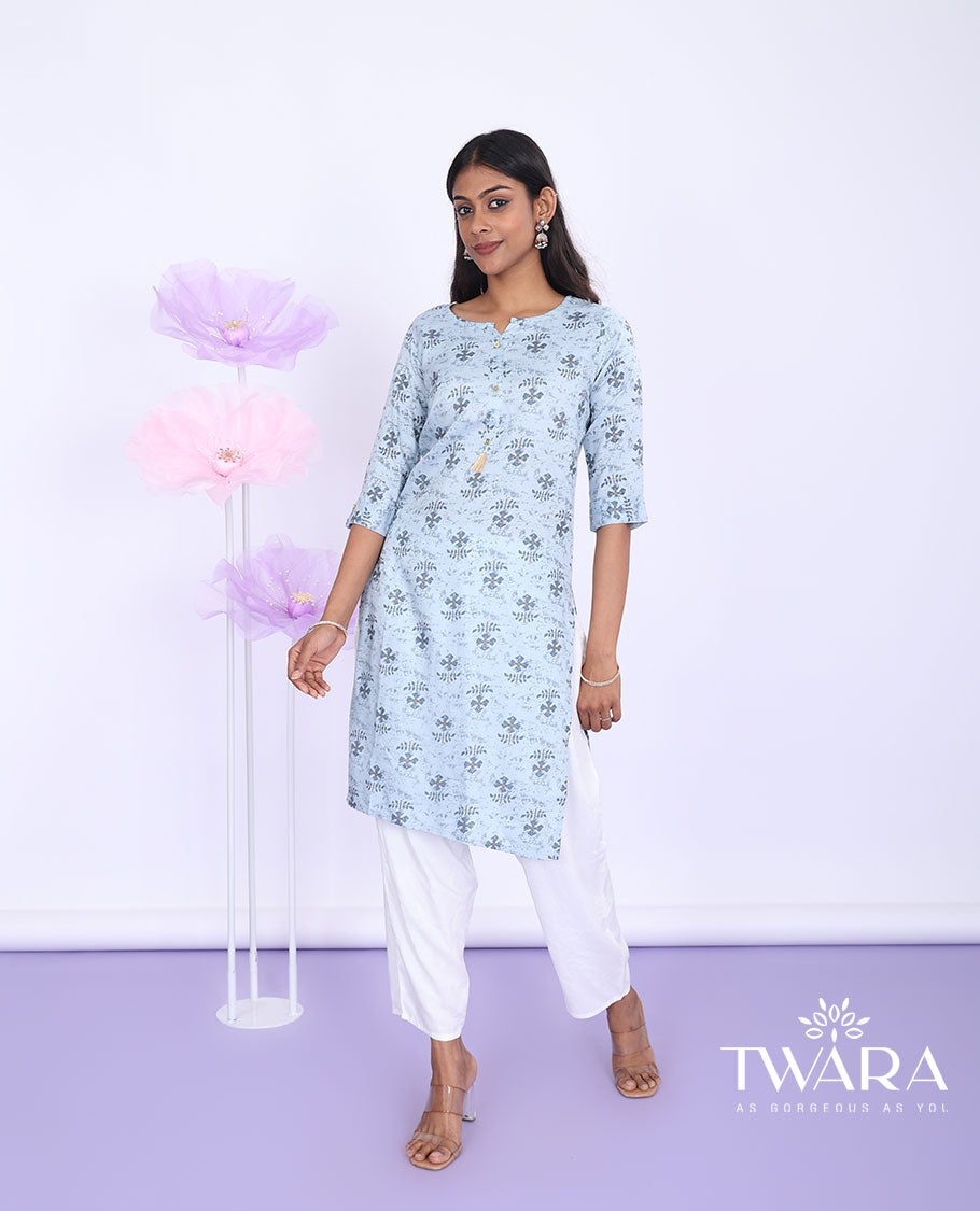 Twara blue intricately printed round neck with 3/4th sleeve rayon straight-cut knee-length kurti
