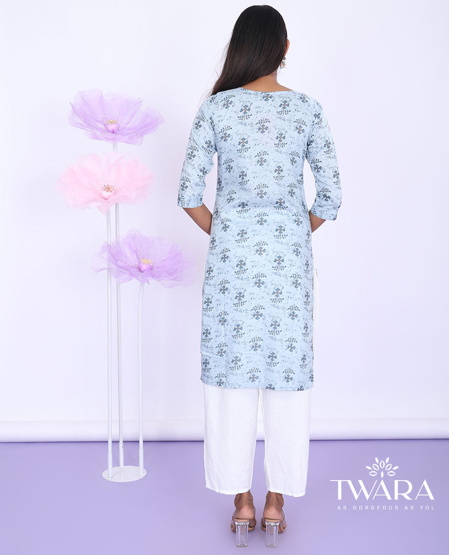 Twara blue intricately printed round neck with 3/4th sleeve rayon straight-cut knee-length kurti
