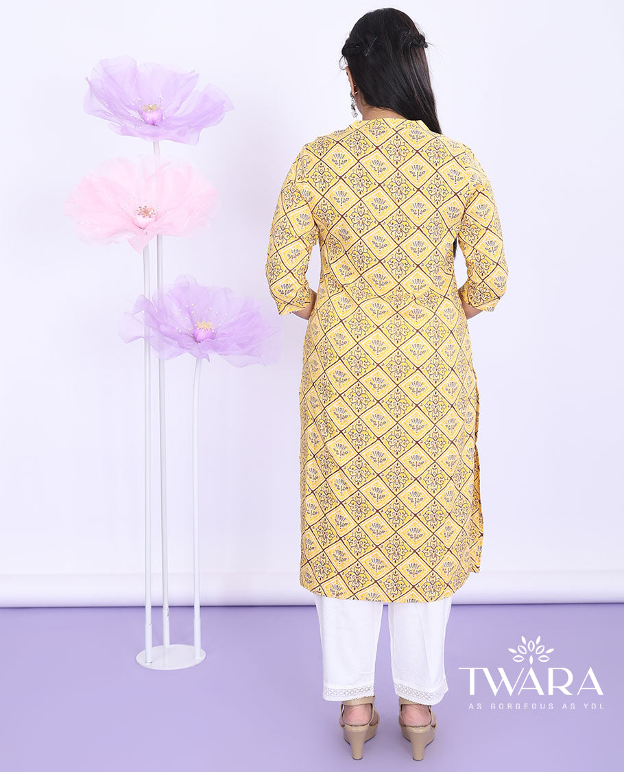 Twara yellow intricately printed Chinese collar with 3/4th sleeve rayon straight-cut below-knee kurti