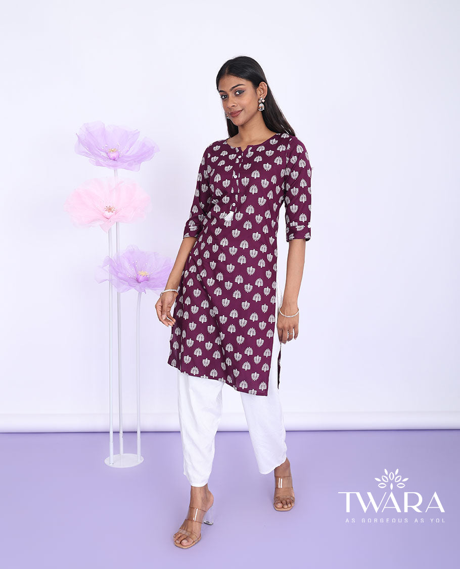 Twara purple unique motifs print round neck with 3/4th sleeve rayon straight-cut knee-length kurti