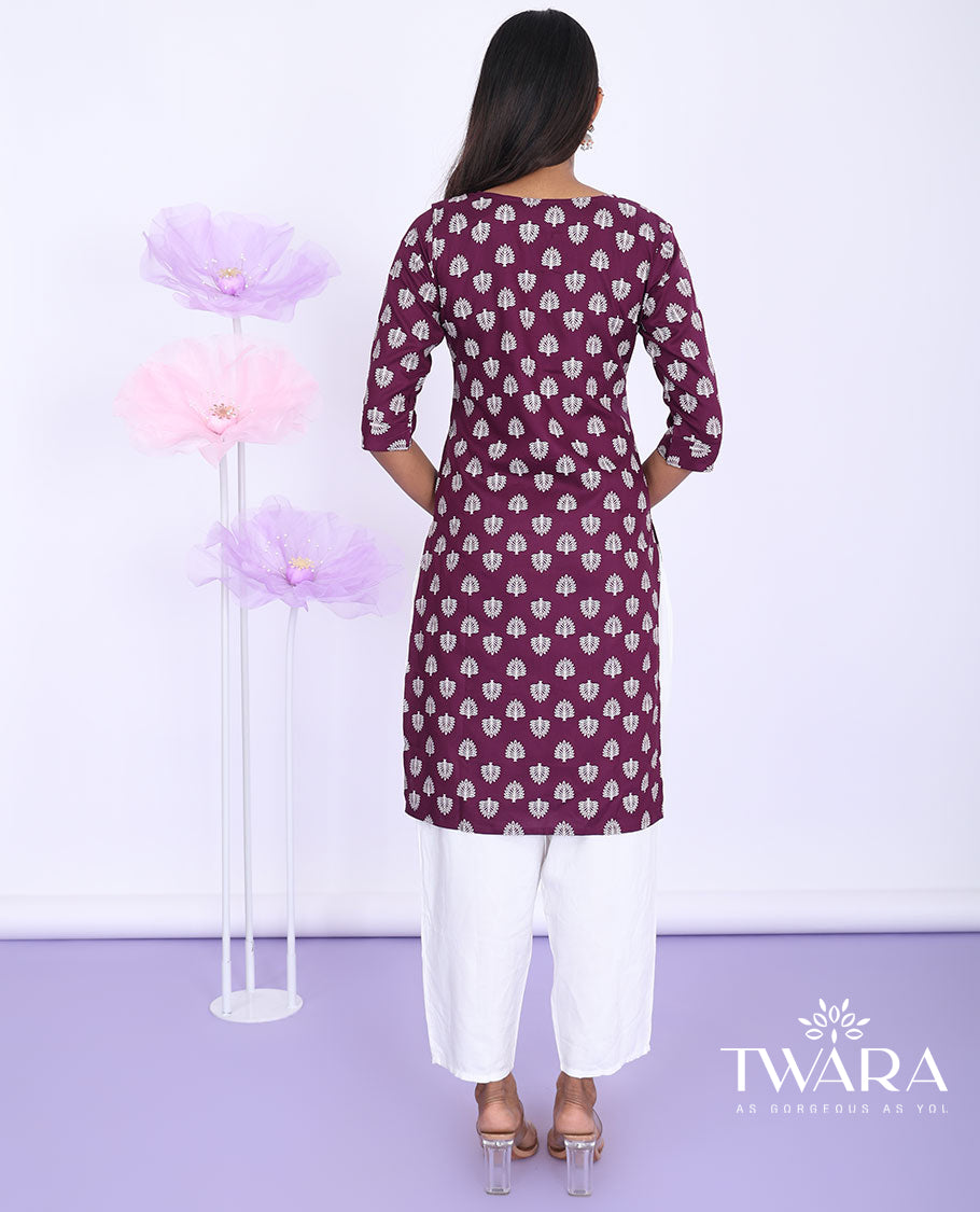 Twara purple unique motifs print round neck with 3/4th sleeve rayon straight-cut knee-length kurti