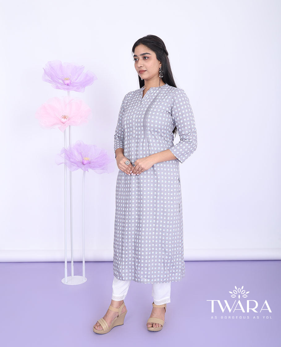 Twara grey unique motifs printed Chinese collar with 3/4th sleeve cotton straight-cut calf-length kurti