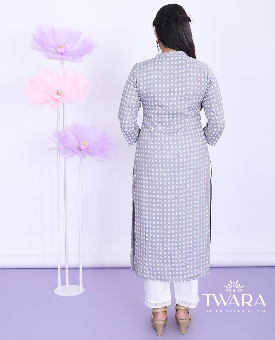 Twara grey unique motifs printed Chinese collar with 3/4th sleeve cotton straight-cut calf-length kurti