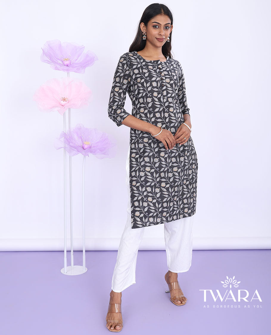 Twara grey floral vine printed round neck with 3/4th sleeve cotton straight-cut knee-length kurti
