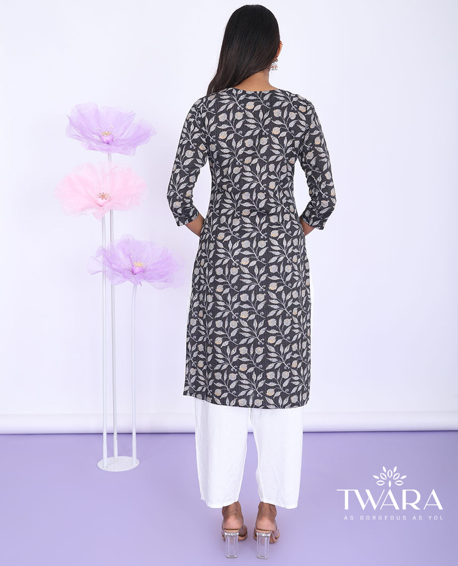Twara grey floral vine printed round neck with 3/4th sleeve cotton straight-cut knee-length kurti