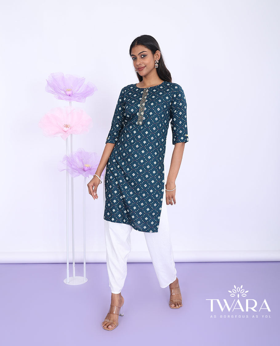Twara blue argyle printed round neck with 3/4th sleeve rayon straight-cut above-knee kurti