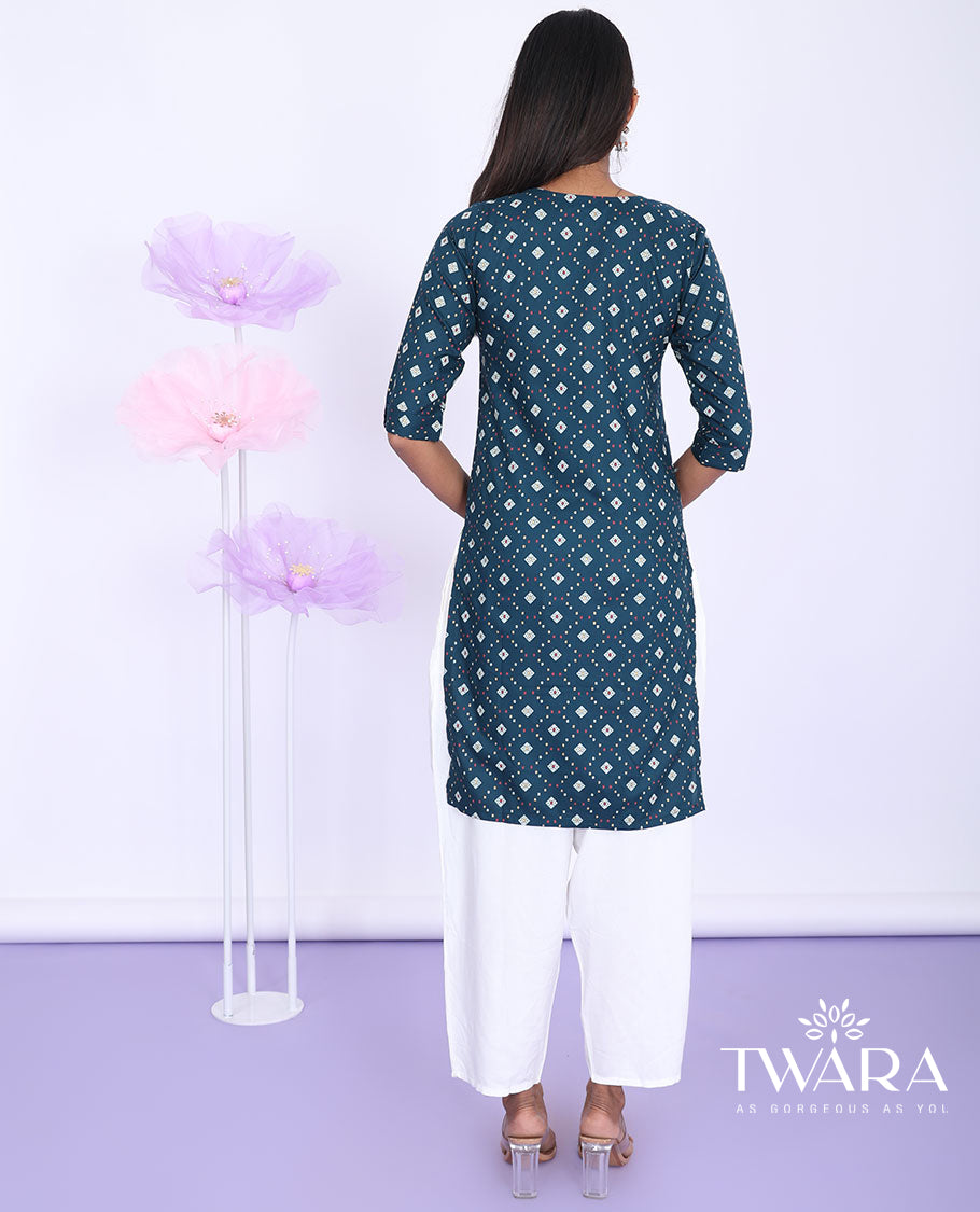 Twara blue argyle printed round neck with 3/4th sleeve rayon straight-cut above-knee kurti