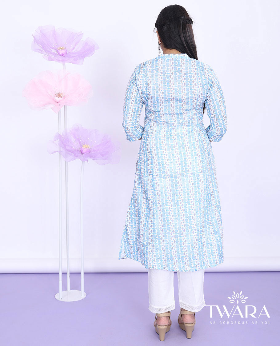 Twara blue intricately printed Chinese collar with 3/4th sleeve rayon straight-cut below-knee kurti