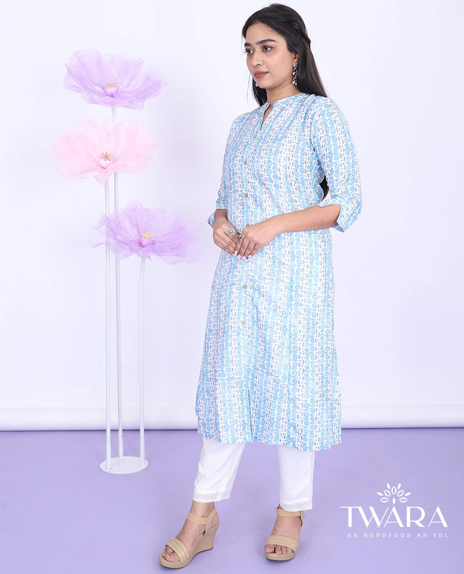 Twara blue intricately printed Chinese collar with 3/4th sleeve rayon straight-cut below-knee kurti