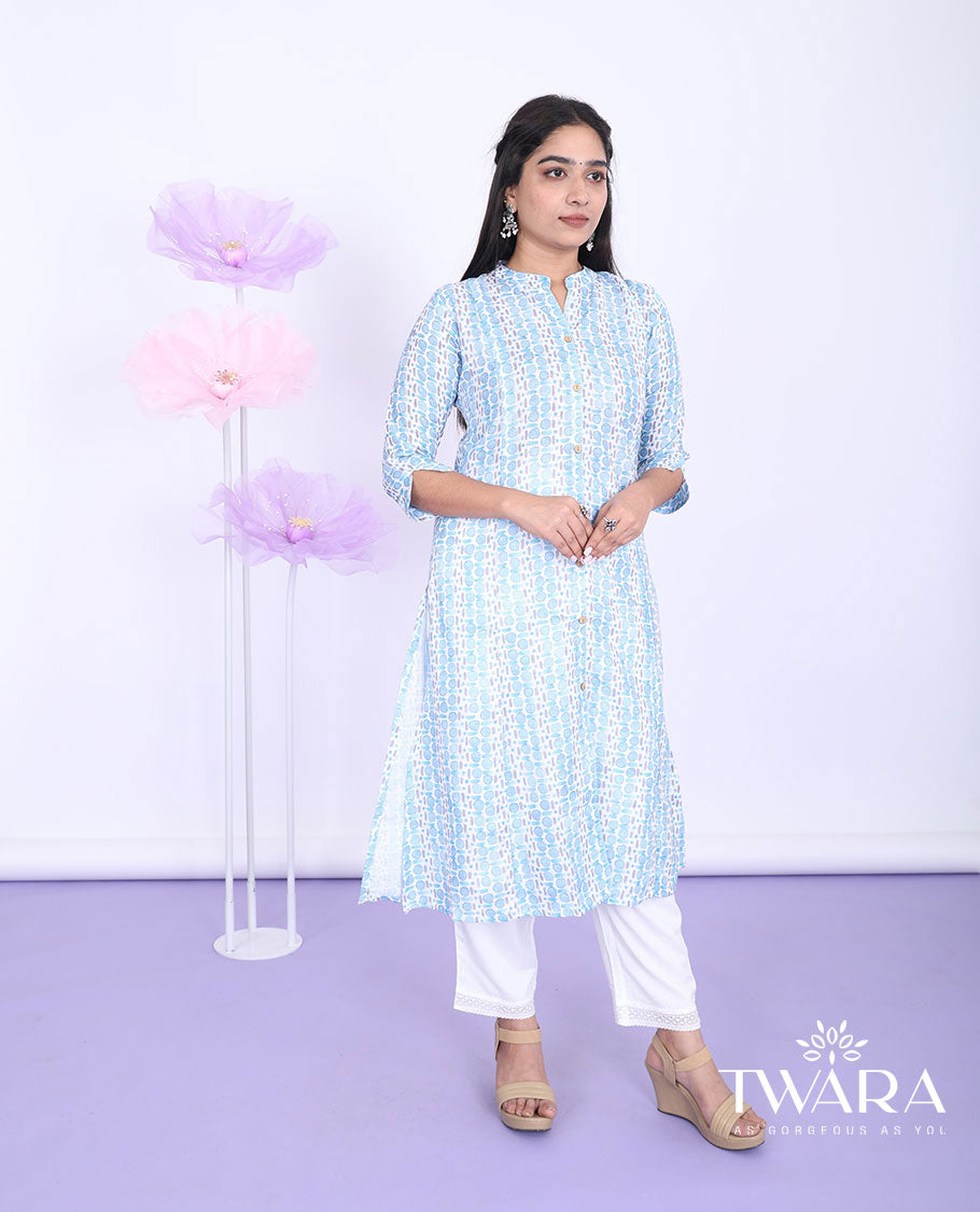 Twara blue intricately printed Chinese collar with 3/4th sleeve rayon straight-cut below-knee kurti