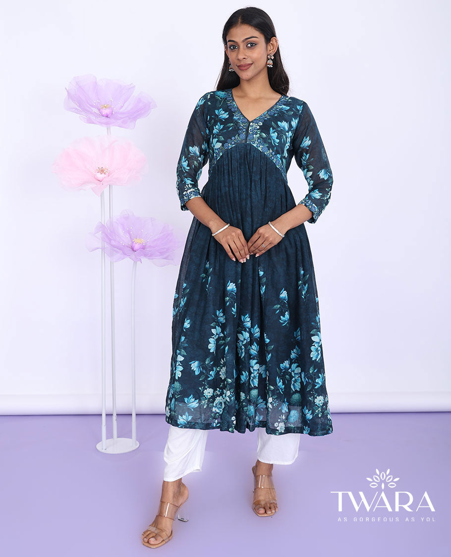 Twara blue floral print & floral thread embroidery alia-cut with 3/4th sleeve tissue a-line below-knee kurti