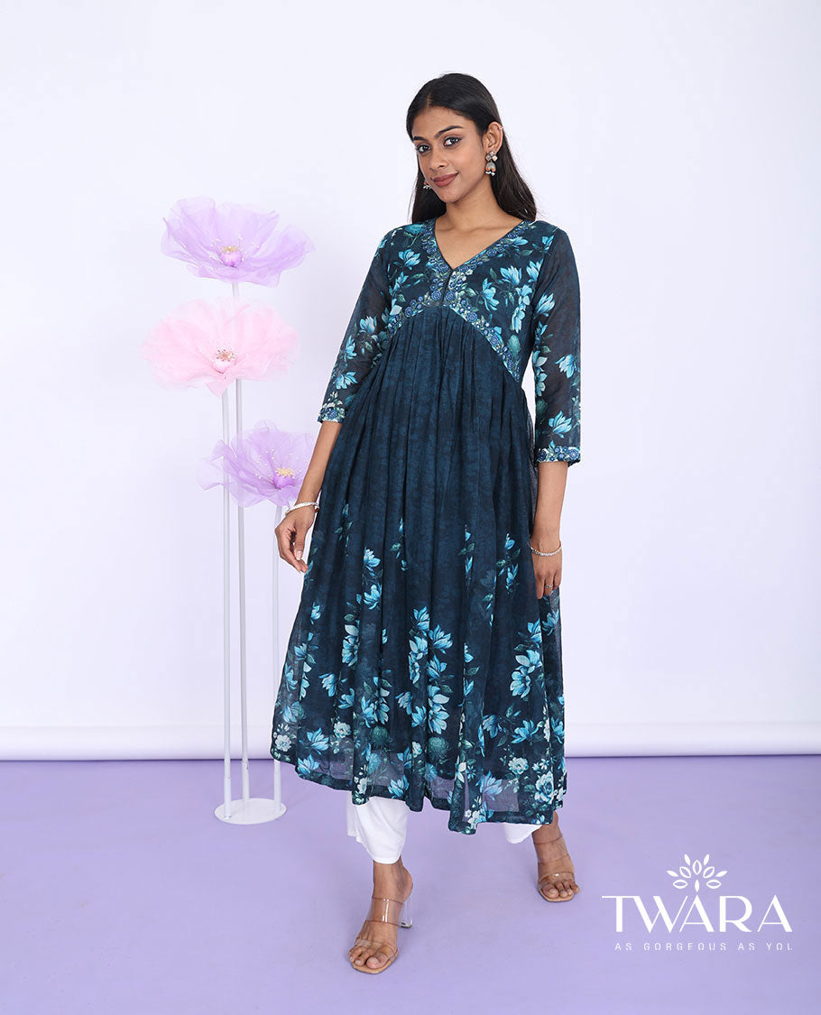 Twara blue floral print & floral thread embroidery alia-cut with 3/4th sleeve tissue a-line below-knee kurti