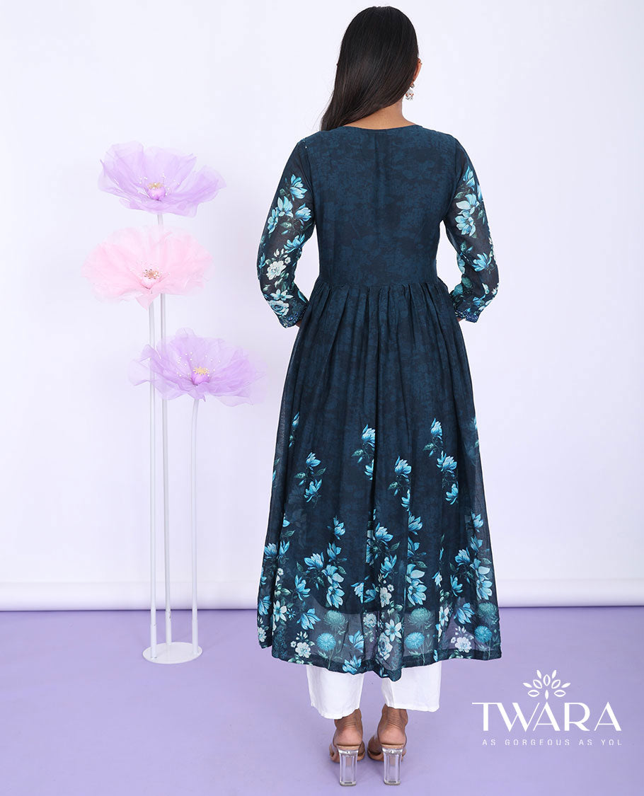 Twara blue floral print & floral thread embroidery alia-cut with 3/4th sleeve tissue a-line below-knee kurti