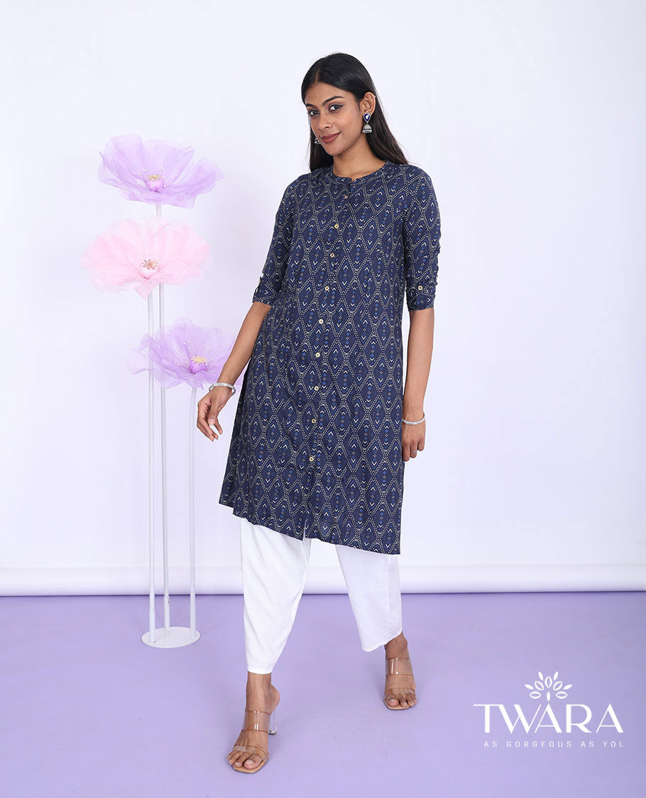 Twara blue argyle design printed chinese collar with 3/4th sleeve rayon straight-cut knee-length kurti